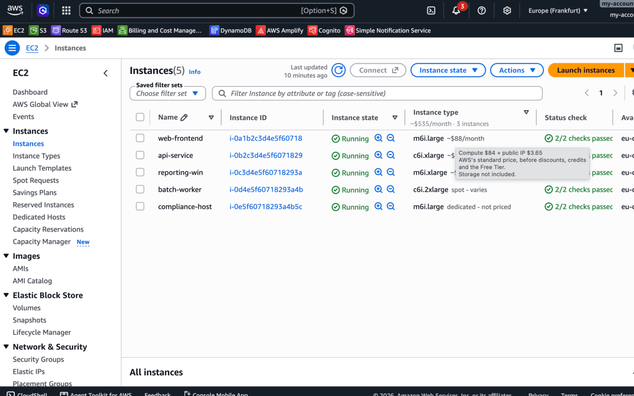 A tooltip breaking one instance price into compute and public IP, noting it is AWS's standard price before discounts
