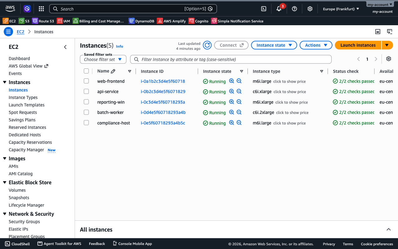 The instances list before setup, with each row offering click to show price